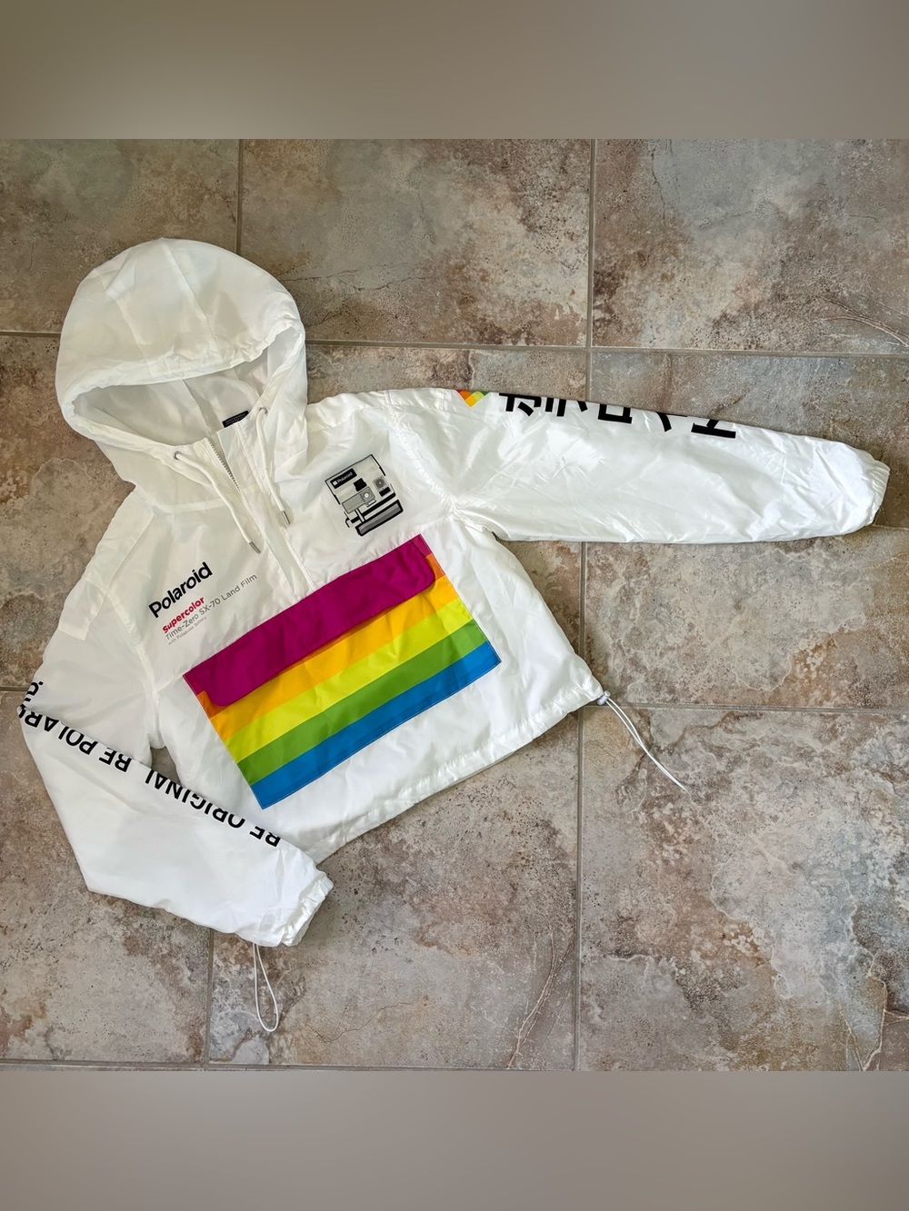 Polaroid Supercolor White Cropped Windbreaker M Pullover Retro Rainbow Y2K Logo